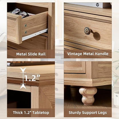 24" Wide Farmhouse Nightstand Set of 2 with Charging Station,End Table with 2 Drawers,Natural Wood Dresser for Bedroom Cabinet, Bed Side Table Chest of Drawers, Night Stand for Living Room