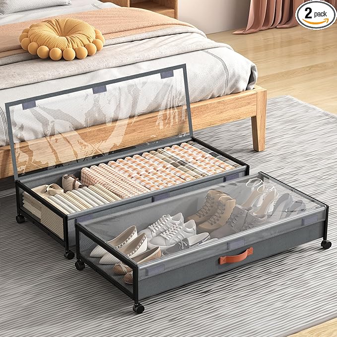 Under Bed Storage with Wheels, XXXL Larger Under Bed Storage Containers with Clear Lids, 36'' Lengthen Under Bed Shoe Organizer for Shoes Clothes(Grey 2 Pack, XXXL(36"x16.6"x7.48"))