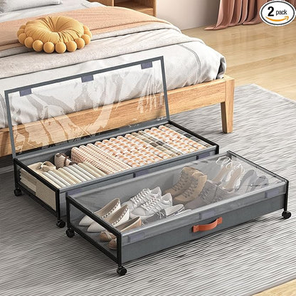 Under Bed Storage with Wheels, XXXL Larger Under Bed Storage Containers with Clear Lids, 36'' Lengthen Under Bed Shoe Organizer for Shoes Clothes(Grey 2 Pack, XXXL(36"x16.6"x7.48"))