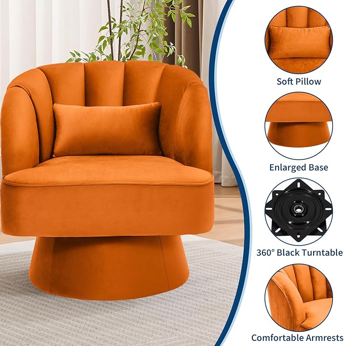 GarveeHome Modern Swivel Barrel Accent Chair, 360° Velvet Upholstered Armchair with Striped Backrest & Plush Padding, Comfy Round Lounge Chair (2, Orange + Velvet)