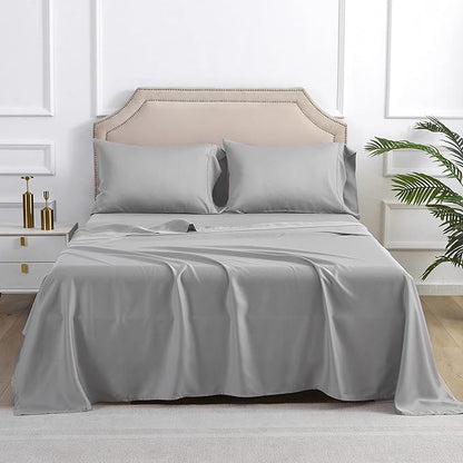 Linen World Lyocell Cooling Bed Sheets Set Queen Size,100% Organically Grown Viscose Sheets,Deep Pocket Up to 16",4 Pieces Silky Soft,Breathable Bedding Sheets & Pillowcases(Light Gray,Queen)
