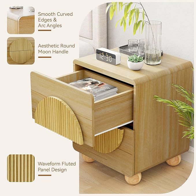 23" Fluted Nightstand with Solid Wood Legs Set of 2, Modern Style Natural Bedside Table with Round Moon Handle & Storage, Mid Century Cute Night Stand for Bedroom, Side Table, End Table