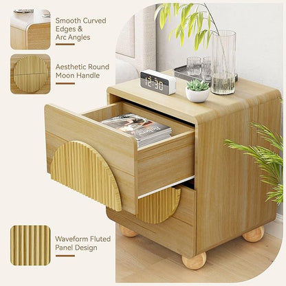 23" Fluted Nightstand with Solid Wood Legs Set of 2, Modern Style Natural Bedside Table with Round Moon Handle & Storage, Mid Century Cute Night Stand for Bedroom, Side Table, End Table