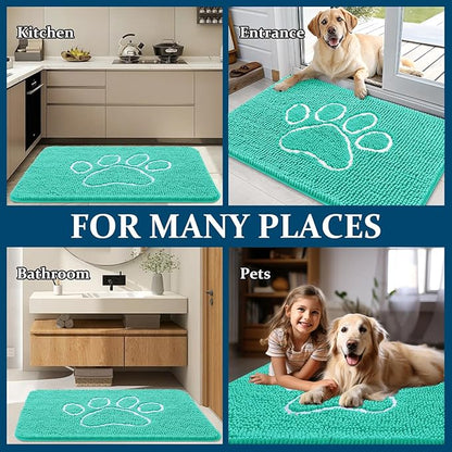 OLANLY Dog Door Mat for Muddy Paws 24x16, Paw Print Design, Absorbs Moisture and Dirt, Absorbent Non-Slip Washable Doormat, Quick Dry Chenille Mud Mat for Dogs, Entry Indoor Entryway Carpet, Teal