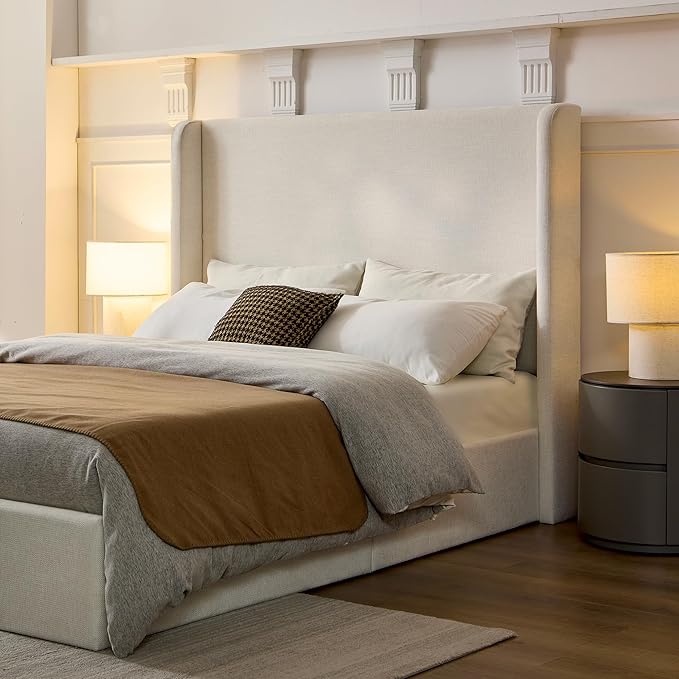 King Size Upholstered Bed Frame, Harper 54" Tall Headboard Platform Beds, Wingback Headboard Bedframes/No Box Spring Needed/Easy Assembly/Elegant Simplicit, Textured Ivory Canvas Chenille