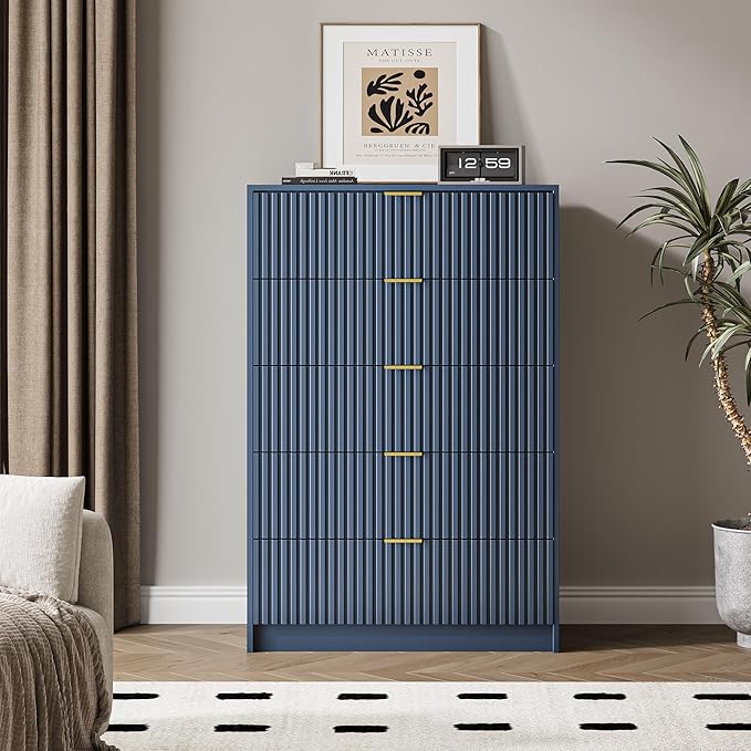 5 Drawer Dresser for Bedroom, Tall Dresser Chest of Drawers with Gold Handles, 32 Inch Wide Nightstand with for Bedroom, Living Rooms, Offices, and Entryways, Navy Blue