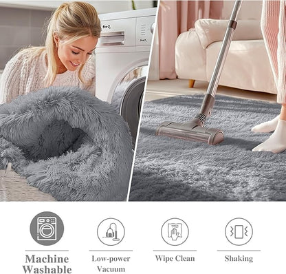 OLANLY Light Grey Round Rugs for Bedroom - Machine Washable, 4 ft Circle Area Rugs for Living Room, Soft and Fluffy Shaggy Carpet for Teen Girls and Boys, Nursery Rooms, Dorms, Home Decor Aesthetic