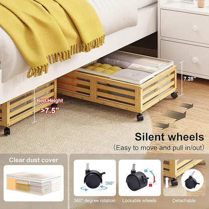 Under Bed Storage with Wheels-Large Bamboo Underbed storage Containers with Large Dust Bag Stackable Under the Bed Shoe Storage Bins for Clothes Books Bedding (2 Packs Nature, 23.62"L×16.54"W× 6.51"H)