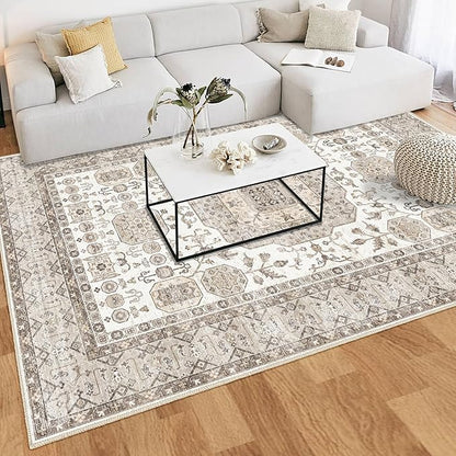 8x10 Area Rug Washable Living Room Carpet Bedroom Rug, Retro Accent Throw Distressed Rug, Easy Cleaning (Cream Beige)