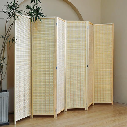 Furnnylane 6 Panel Bamboo Room Divider and Folding Panel Screen,Bamboo Panel Divider for Room Separation,Beige,67" H x 92.1" W