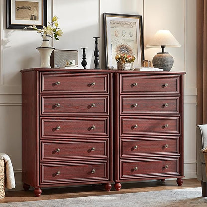 Farmhouse 5 Drawers Dresser for Bedroom, Wood 45" Tall Dressers Chest of Drawers, Kids Dresser Rustic Storage Dressers Organizer with Metal Handle Closet for Living Room, Hallway, Red Oak