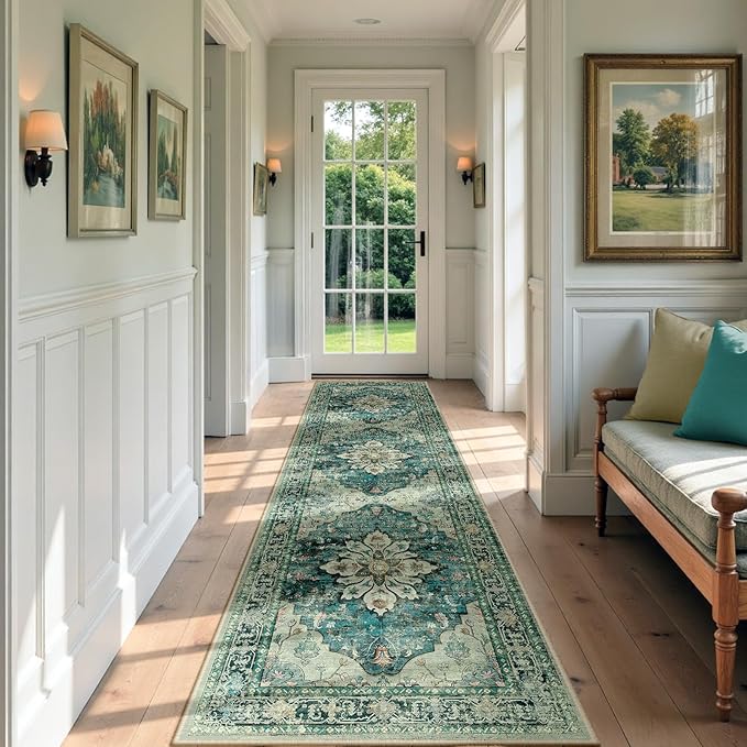 Area Rugs 3'x9' Washable Non-Slip, Floral Vintage Distress Print Pattern Medallion Carpet for Living Room Bedroom Dining Room, Dark Blue Vintage