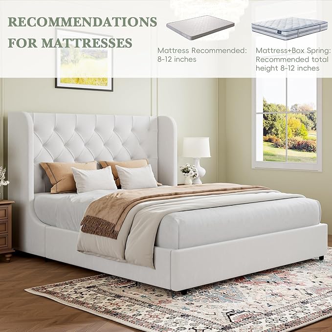 HOMBCK White Queen Bed Frame, Velvet Upholstered Platform Bed Frame with Headboard, Curved Wingback Design, Wooden Slats, No Box Spring, Noise Free, Easy Assembly