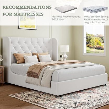 HOMBCK Full Size Bed Frame, White Upholstered Platform Bed Frame with Headboard, Velvet Tufted, Curved Wingback Design, Wooden Slats, No Box Spring, Noise Free, Easy Assembly