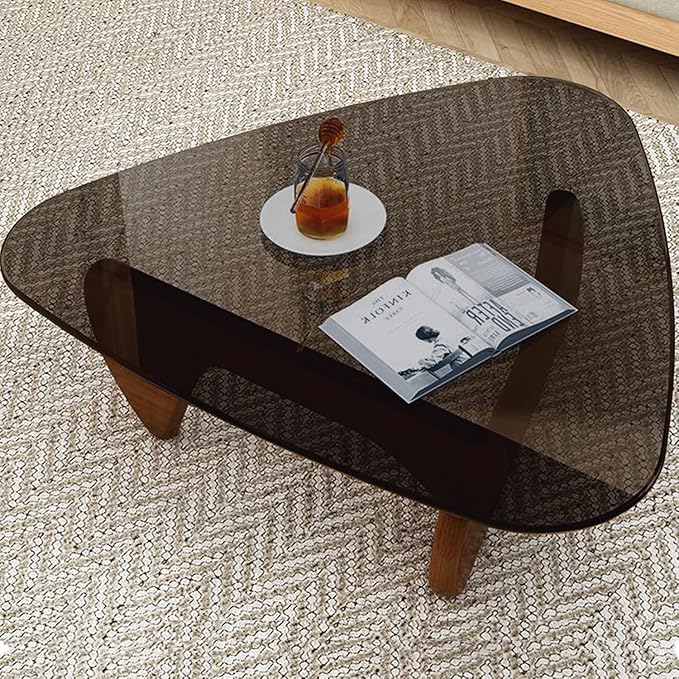 Mid Century Modern Glass Coffee Table, Coffee Table for Living Room, Brown Glass Coffee Tables,Suitable for Bedroom Living Room Reception Office Tables (Walnut/Grey, Medium 35.8 * 25.5 * 16in)