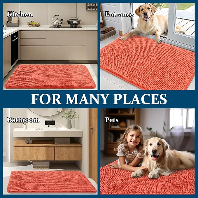 OLANLY Dog Door Mat for Muddy Paws 70x24, Absorbs Moisture and Dirt, Absorbent Non-Slip Washable Doormat, Quick Dry Chenille Mud Mat for Dogs, Entry Indoor Entryway Carpet for Inside Floor, Coral