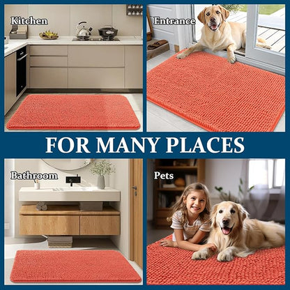 OLANLY Dog Door Mat for Muddy Paws 47x32, Absorbs Moisture and Dirt, Absorbent Non-Slip Washable Doormat, Quick Dry Chenille Mud Mat for Dogs, Entry Indoor Entryway Carpet for Inside Floor, Coral
