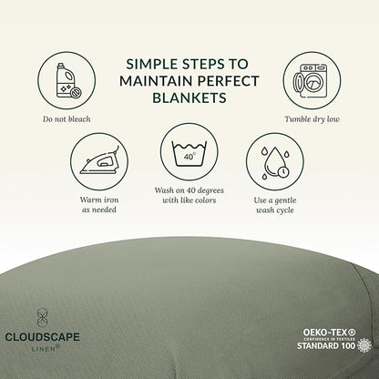 Cloud Scape Linen 100% Cotton Blanket 92x92 Olive Green - Cozy Herringbone Weave, Fits Up to for Full Size Beds, Breathable Softness, All-Season Warmth, Winter Blanket, for Women