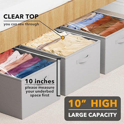 SpaceAid 3 Pack 10" High Under Bed Storage Containers, Large Underbed Storage Organizer Bins with Lids for Bedroom, Dorm, Clothes, Closet Organization, Bed Sheets and Blankets (Gray)