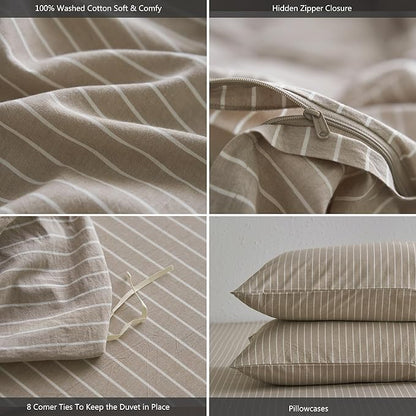 MooMee Striped Duvet Cover Set 100% Washed Cotton Linen Like Textured Breathable Durable Soft Comfy (Tannish Linen Grey White Wide Stripes, Super King Plus 120"x120")