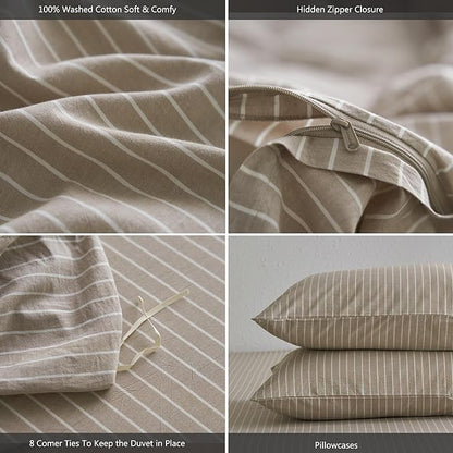 MooMee Striped Duvet Cover Set 100% Washed Cotton Linen Like Textured Breathable Durable Soft Comfy (Tannish Linen Grey White Wide Stripes, Alaska King 132"x120")