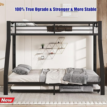 TSAMPA Latest Upgraded & Stronger Metal Bunk Bed Twin XL Over Queen Size, More Stable & Safer Steel Heavy Duty Bunkbed Frame with Twin Size Trundle (Twin XL Over Queen)