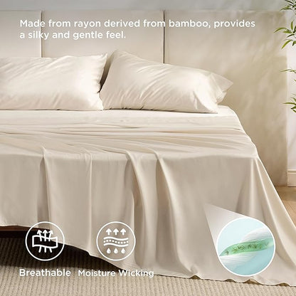 Bedsure Queen Sheet Set, Rayon Derived from Bamboo, Cooling Sheets, Breathable & Soft, Deep Pocket Up to 16", Hotel Luxury Silky Bedding for Hot Sleepers, Light Beige