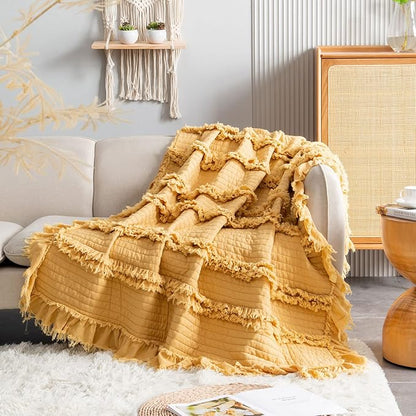 Ultra Soft Pre-Washed Warm Quilted Throw Blanket, Ruffle Fringed Yellow Boho Decorative Throw, Stone Washed Chic Rustic Blanket for Sofa Couch Bed Chair, 50"x 60"