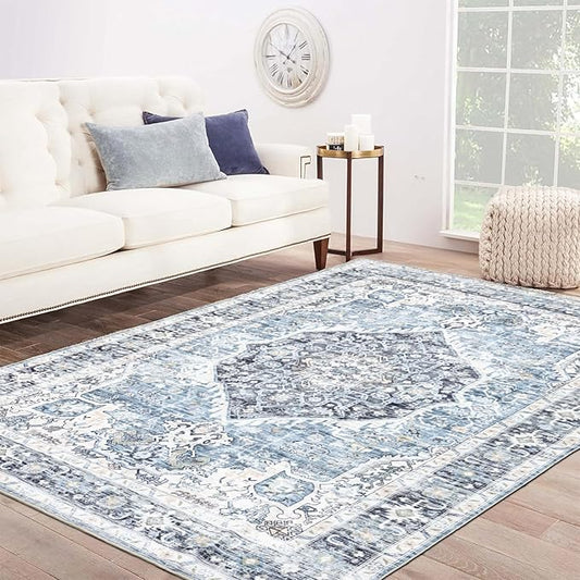 Area Rug 9×12, Large Vintage Boho Rug,Ultra-Soft Low Pile, Washable, Non Slip,Stain Resistant, Printed Carpet for Living Room Bedrooms Playroom Office Kitchen, Light Blue