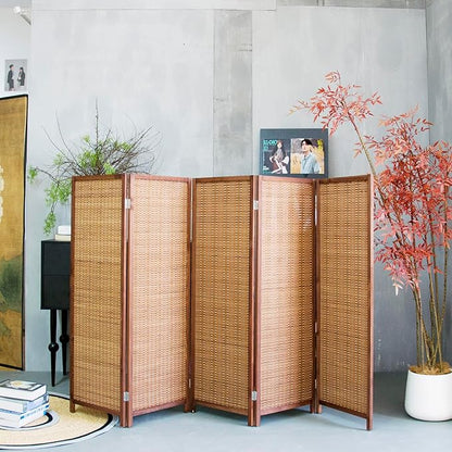 5 Panel Short Room Divider Screen,Brown Freestanding Partition,Small Bamboo Panel Divider for Room Seperation,3.95 FT Tall