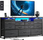 WLIVE Black TV Stand for 55, 60, 65 inch TV, Entertainment Center with LED Lights & Charging Station, TV Media Console Table with 13 Fabric Drawers and Open Shelves for Living Room, Hallway, Wood Top