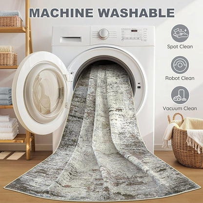 Area Rug Living Room Rugs - 10x14 Washable Large Soft Indoor Neutral Modern Abstract Low Pile Rug Carpet for Bedroom Dining Room Farmhouse Home Office - Brown Rust