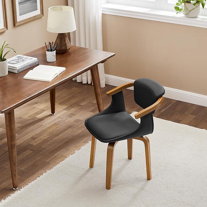 Art Leon Dining Chairs Set of 2 - Mid Century Modern Retro Faux Leather Chair, Small Comfy Upholstered Swivel Desk Chairs No Wheels, Black