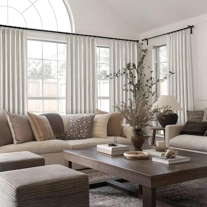 Topfinel 90 Inches Long Full Blackout Linen Curtains for Bedroom, Pinch Pleated Sound Block Curtains, Oatmeal Decorative Elegant Farmhouse Lined Drapes 2 Panels Set for Living Room Sliding Door
