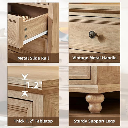 24" Wide Farmhouse Nightstand with Charging Station Set of 2, 45" Tall Rustic Chests of 5 Drawers w/ 4 Solid Wood Feet, Farmhouse Furniture Series for Living Room,Bedroom,Wood