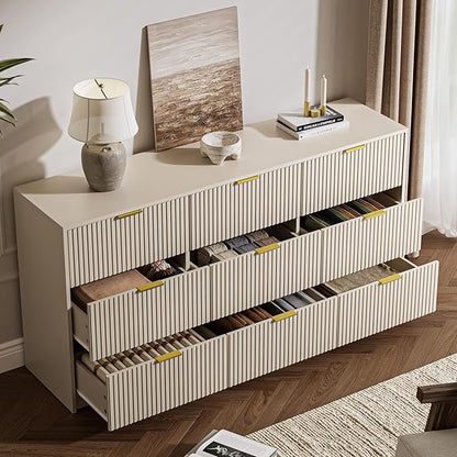 Beige 9 Drawer Dresser for Bedroom, 63" Wide Modern Fluted Dresser with Gold Metal Handles, Chest of Drawers for Bedroom, Living Room, Entryway, Hallway