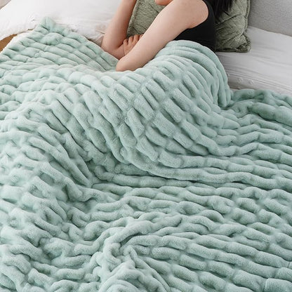 BATTILO HOME Luxury Faux Fur Throw Blanket for Couch, Super Soft Warm Cozy Plush Mink Blanket, Double Side Ruched Rabbit Fur Blanket for Bed, Sofa, Chair, 50"x60", Sage Green
