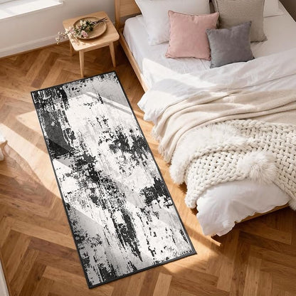 3x8 Hallway Washable Runner Rug: Extra Long Kitchen Runner Non Slip Abstract Rugs Printed Faux Wool Low Pile Soft Indoor Floor Carpet for Bedroon Dining Living Room Bathroom Black White 3x8