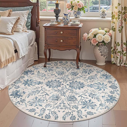 jinchan Torino Classic Floral Round Rug 6ft, Vintage-Inspired Design 6’Circle Rug, Machine Washable Ultra-Thin Low-Pile Non-Slip Indoor Carpet for Bedroom Dining Room Living Room Entryway, Dark Blue