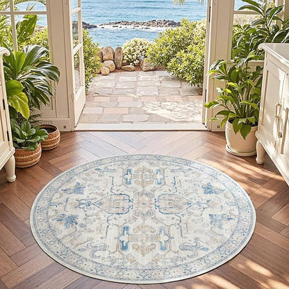 jinchan Round Rug 4ft Area Rug Indoor Vintage Floral Circle 4' Washable Ultra-Thin Low Pile Soft Small Non Slip Distressed Print for Living Room Dining Room Bedroom Entryway Blue