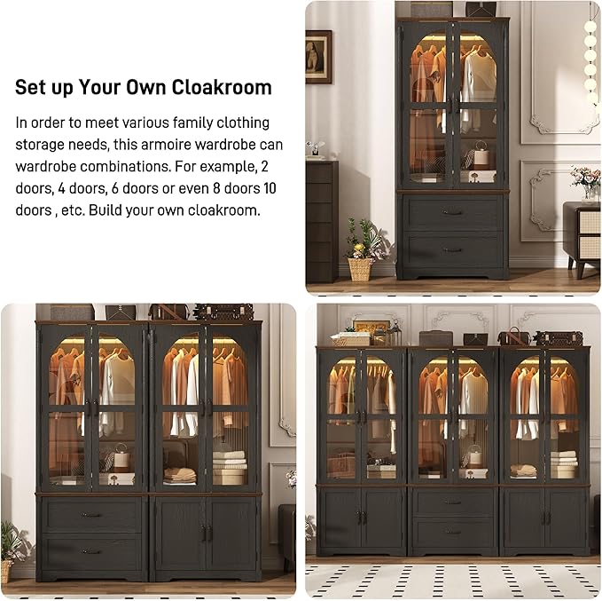 Tall Farmhouse 4 Doors Armoire Wardrobe Closet with LED ,72" Freestanding Arched Wardrobe Closet Cabinet for Bedroom w Glass Doors/Drawers,Wooden Clothing Storage Cabinet,Closets for Bedroom(Black)