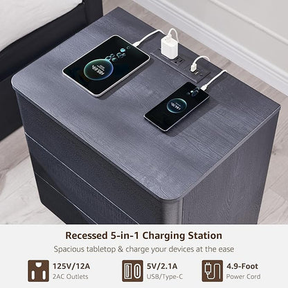 ACCOHOHO 22" Modern Nightstand Set of 2 with Charging Station, 3 Push-to-Open Drawers Bedside Table, Large End Table with Storage, Night Stand for Bedroom, Living Room, Curved Profile, Dark Black