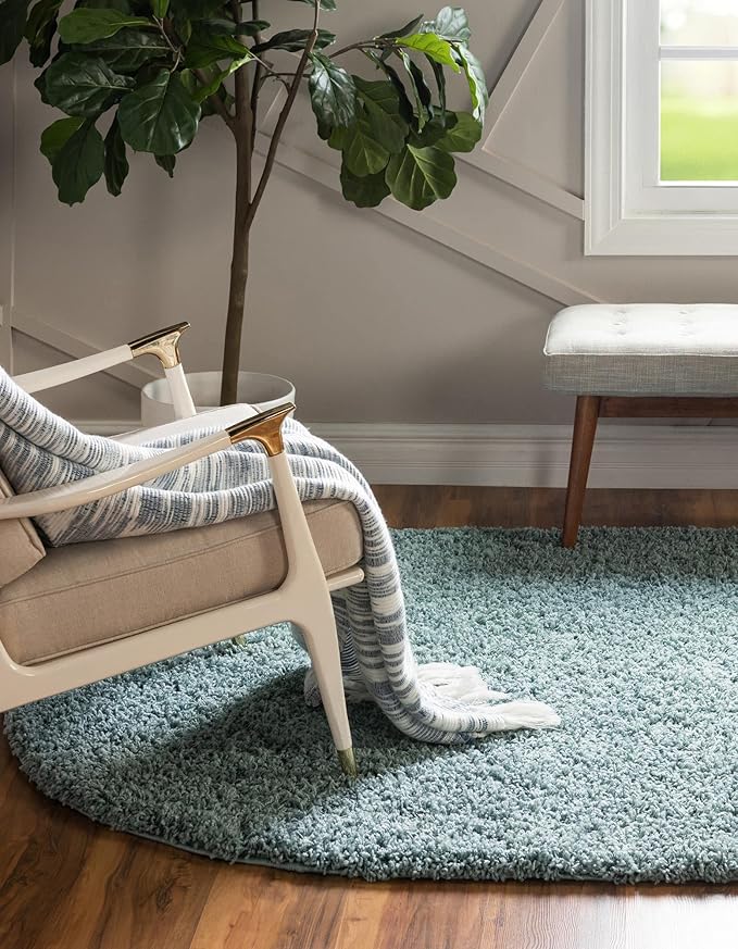 Unique Loom Solid Shag Collection Area Rug (7' 10" x 10' Oval, Light Slate Blue)