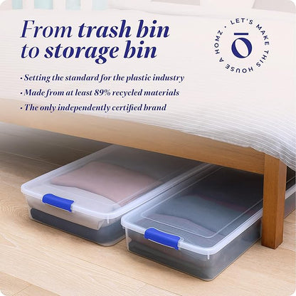 HOMZ 2-Pack Under Bed Storage, Clear Plastic Containers with Lids, 60 Quart, Blue Latch - Stackable Underbed Organizer Bins for Shoes, Bags, Clothes, and Towels