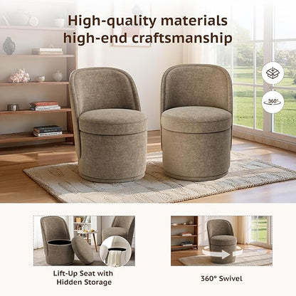Swivel Accent Chair Set of 2, 360° Swivel Round Chair with Hidden Storage, Vanity Chairs, Modern Small Barrel Armchair for Living Room/Bedroom, Brown