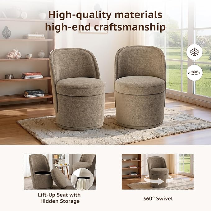 Swivel Accent Chair, 360° Swivel Chair with Hidden Storage, Vanity Chairs, Modern Small Barrel Swivel Armchair for Living Room/Bedroom, Brown