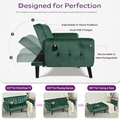 TYBOATLE 65" W Velvet Modern Convertible Folding Futon Couch Sofa Bed w/ 2 USB Charging Ports and arms, Loveseat for Living Room, Office, Apartment, Bedroom (Green)