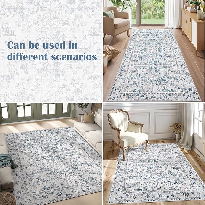 jinchan Lima 2x3 Entryway Washable Rug - Non-Slip Indoor Distressed Doormat Small Rug Low Pile Ultra-Thin Accent Floral Print Indoor Mat for Entrance Kitchen Bathroom Bedroom (2x3ft, Blue)