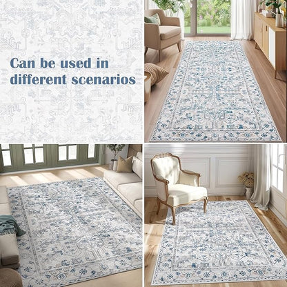 jinchan Lima Vintage Area Rug 3x5 for Entryway - Machine Washable Stain Resistant Non-Slip Low Pile Ultra-Thin Floral Print Indoor Rug for Kitchen Bedroom Living Room (3x5ft, Blue)