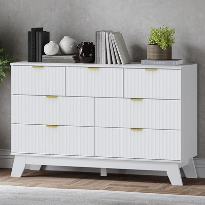 Fluted 7 Drawer Dresser, 47.2" Wide Modern Boho Chest of Drawers, Wooden Storage Dresser TV Stand for Bedroom, Living Room, Closet, Hallway, Curved Profile Design